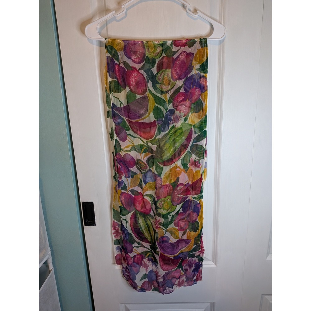 Vibrant Fruit Botanical Print Sheer Scarf Fig & Grape Multicolor Wrap
